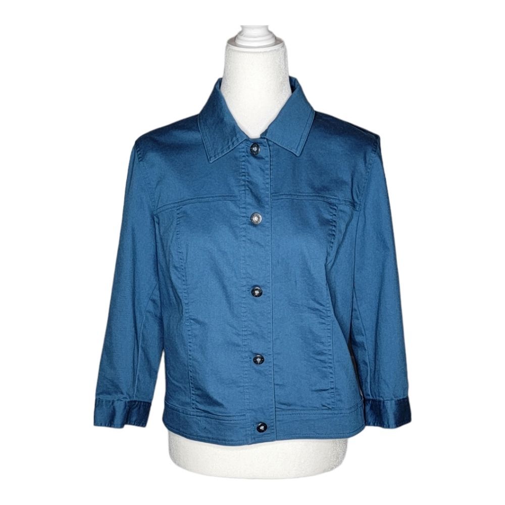 Chico's Cropped Denim Jacket 3/4 Sleeve Stretch Blue Jean Jacket Size 1 Medium